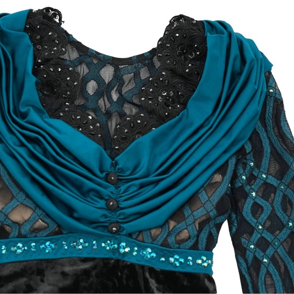 Competition Dance Solo Costume Black Velvet Leotard Teal Accent Rhinestones AXXS - Picture 8 of 14